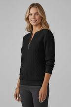 Cable Knit Zip Neck Jumper for Women with Long Sleeves and Straight Hem