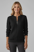 Cable Knit Zip Neck Jumper for Women with Long Sleeves and Straight Hem
