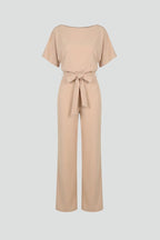 Full-Length Women's Jumpsuit with Round Neckline Waist Tie and Wide Legs