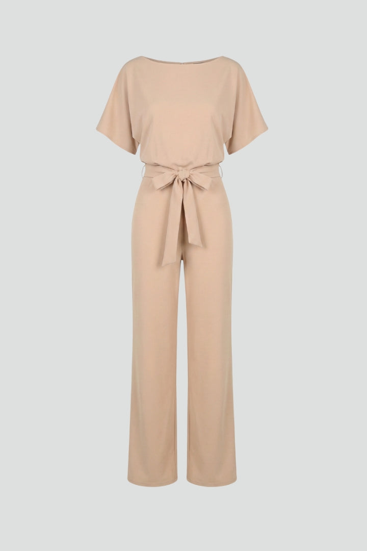 Full-Length Women's Jumpsuit with Round Neckline Waist Tie and Wide Legs