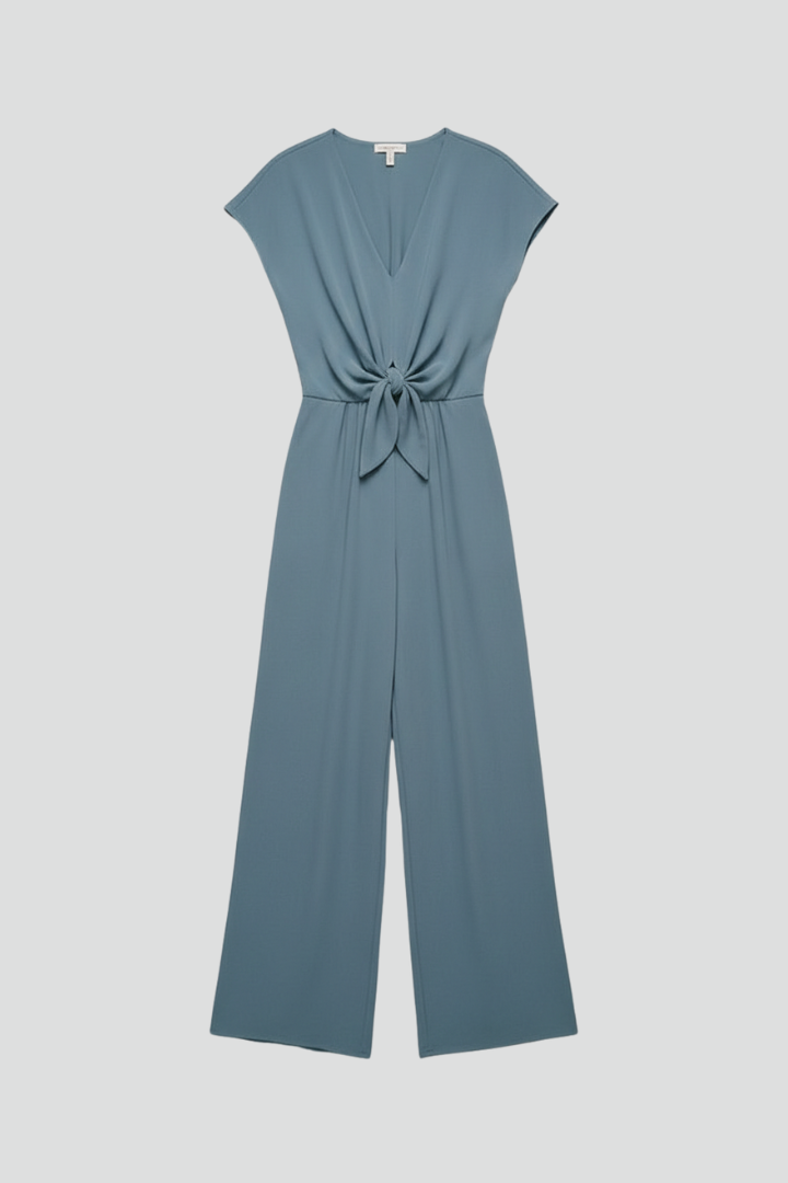 V Neck Wide Leg Women's Jumpsuit with Tied Waist and Open Back Detail