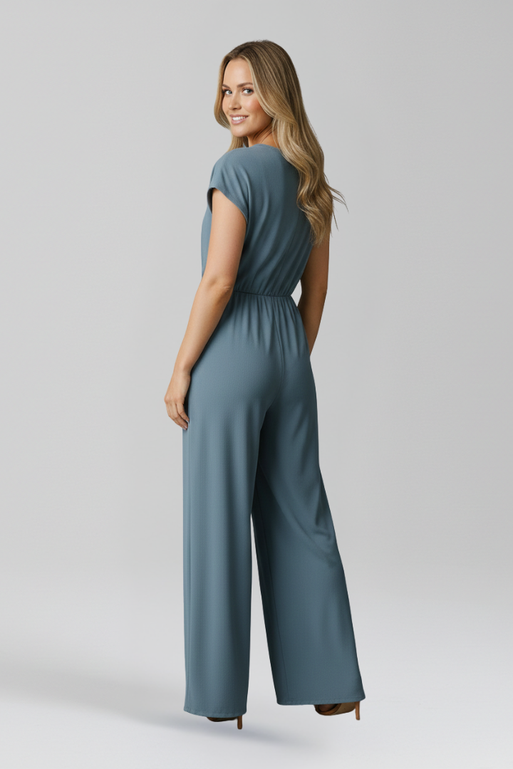 V Neck Wide Leg Women's Jumpsuit with Tied Waist and Open Back Detail
