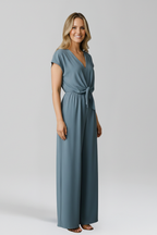 V Neck Wide Leg Women's Jumpsuit with Tied Waist and Open Back Detail
