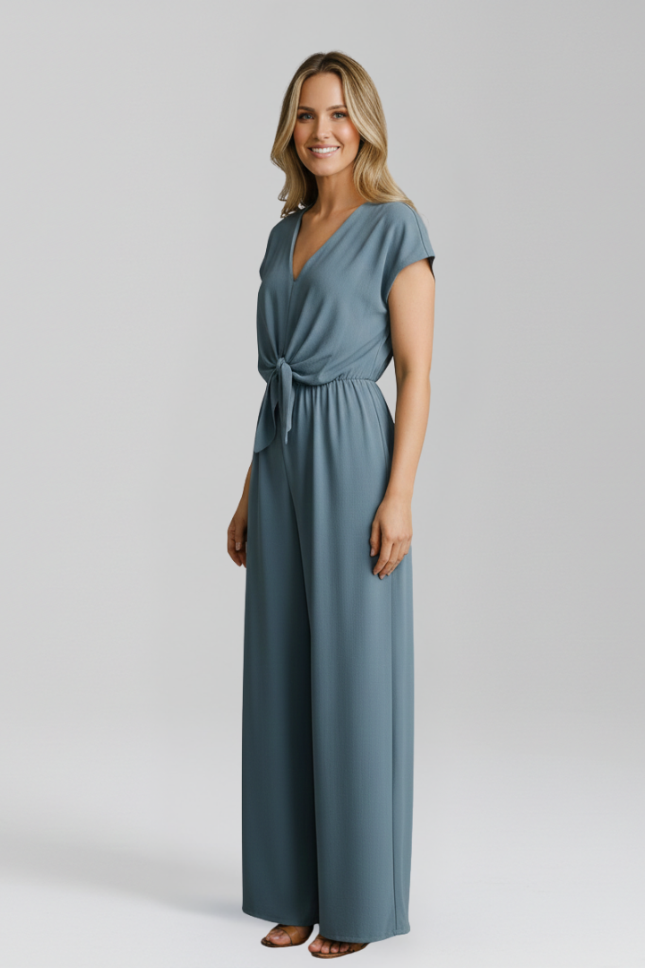 V Neck Wide Leg Women's Jumpsuit with Tied Waist and Open Back Detail