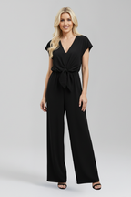 V Neck Wide Leg Women's Jumpsuit with Tied Waist and Open Back Detail