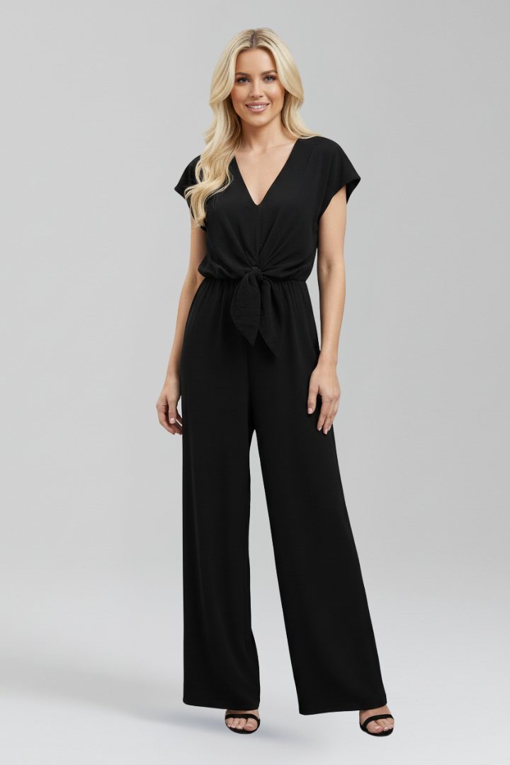 V Neck Wide Leg Women's Jumpsuit with Tied Waist and Open Back Detail