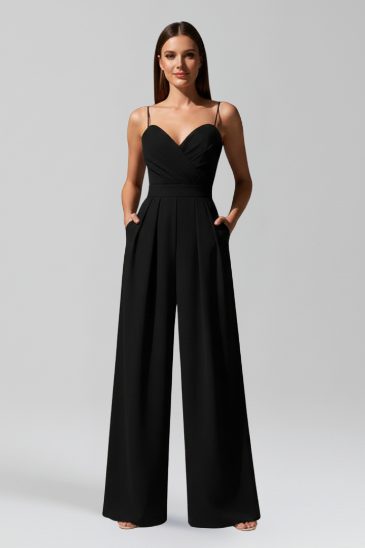 Sleeveless V Neckline Wide Leg Women’s Jumpsuit with Decorative Trim Detail