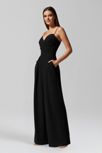Sleeveless V Neckline Wide Leg Women’s Jumpsuit with Decorative Trim Detail