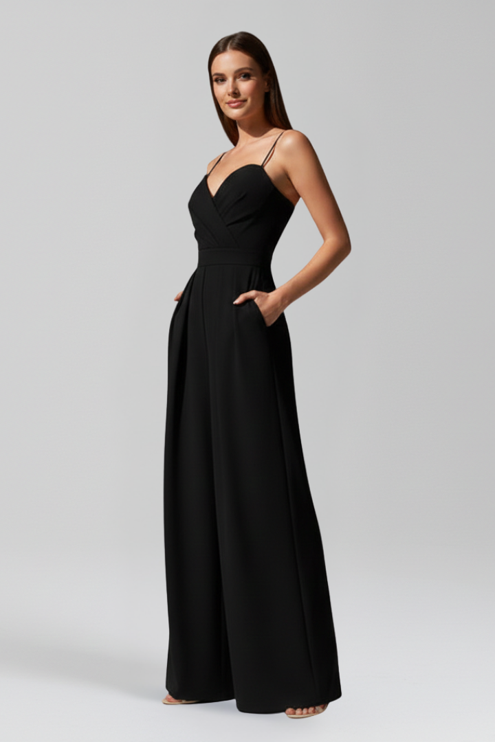 Sleeveless V Neckline Wide Leg Women’s Jumpsuit with Decorative Trim Detail