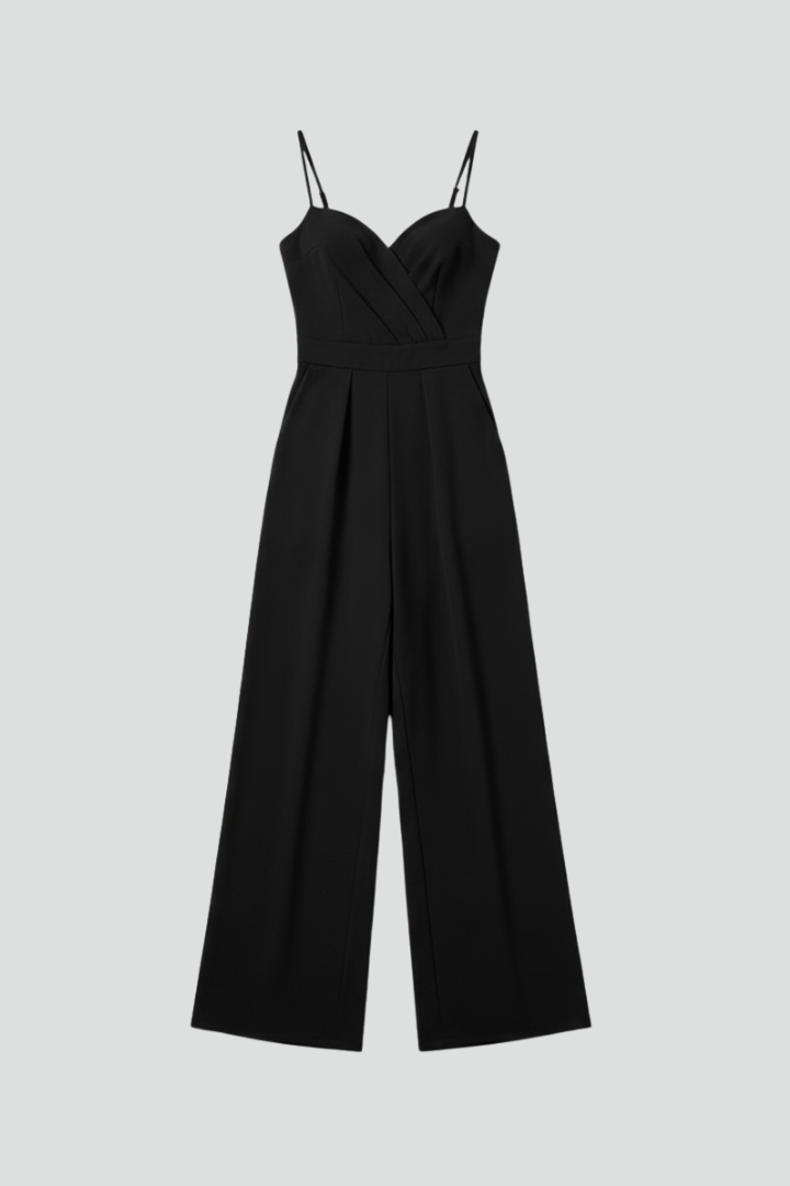 Sleeveless V Neckline Wide Leg Women’s Jumpsuit with Decorative Trim Detail