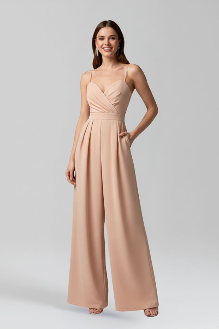 Sleeveless V Neckline Wide Leg Women’s Jumpsuit with Decorative Trim Detail