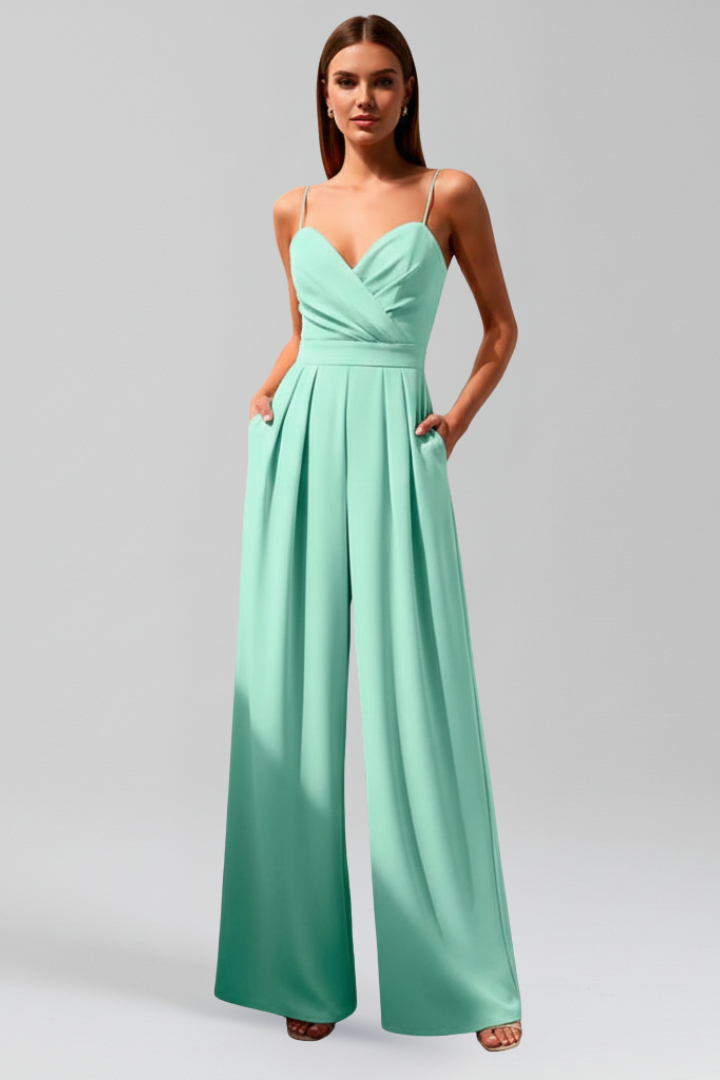 Sleeveless Women’s V Neck Jumpsuit with Wide-Leg Design