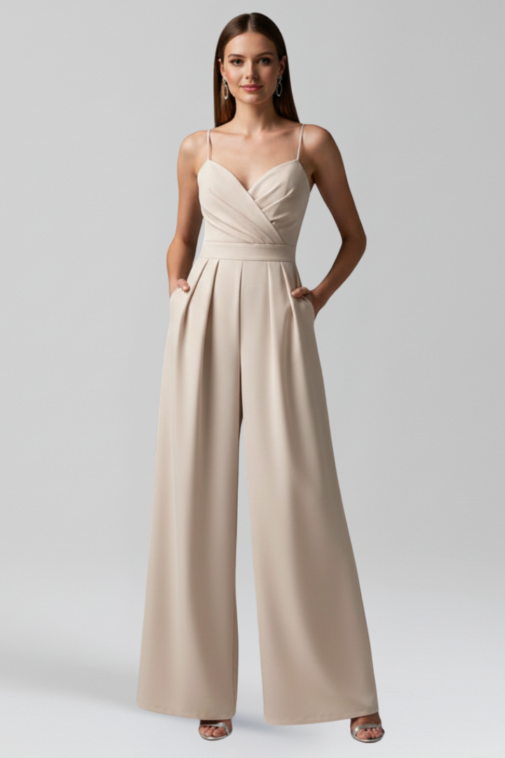 Sleeveless Women’s V Neck Jumpsuit with Wide-Leg Design