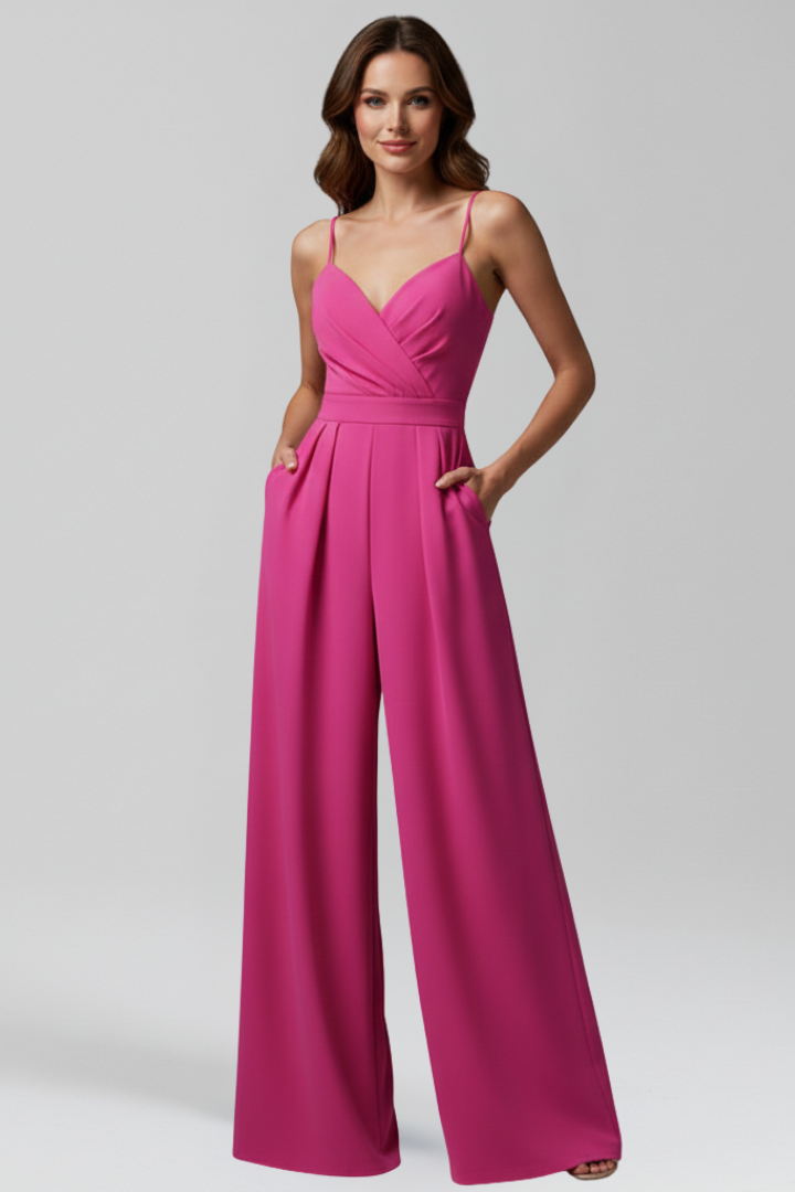 Sleeveless Women’s V Neck Jumpsuit with Wide-Leg Design