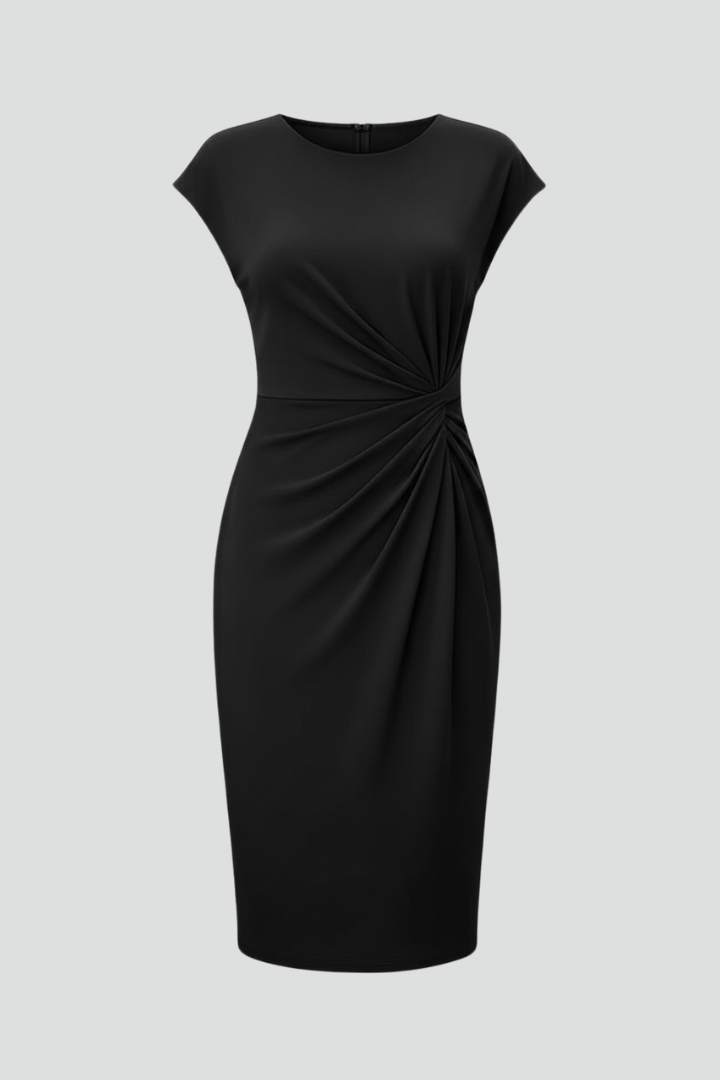 Knee-Length Women's Dress with Cap Sleeves and Gathered Waist Detail