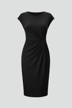 Knee-Length Women's Dress with Cap Sleeves and Gathered Waist Detail