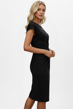 Knee-Length Women's Dress with Round Neck and Gathered Waist Detail