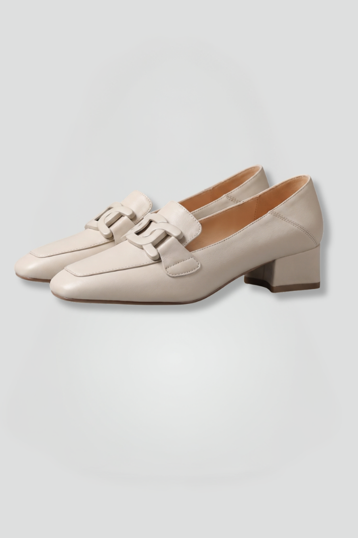 Women's Slip-On Leather Loafers with Decorative Vamp Strap and Low Block Heel for All Season Wear