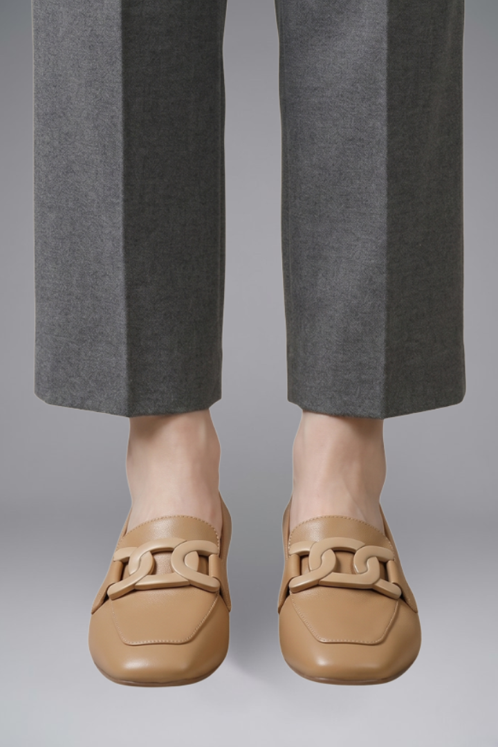Women's Smooth Leather Slip-On Loafers with Decorative Strap and Low Block Heel