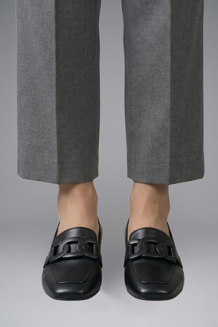 Women's Smooth Leather Slip-On Loafers with Decorative Strap and Low Block Heel