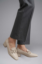 Women's Slip-On Leather Loafers with Decorative Vamp Strap and Low Block Heel for All Season Wear