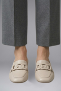 Women's Slip-On Leather Loafers with Decorative Vamp Strap and Low Block Heel for All Season Wear
