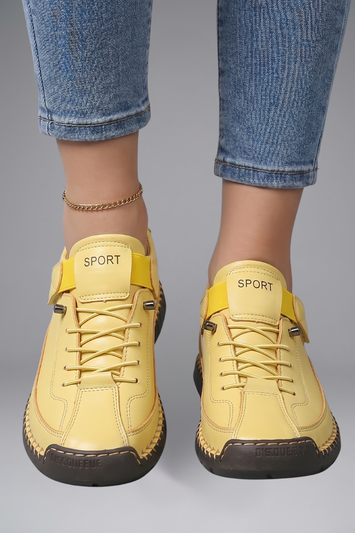 Women's Breathable Leather Trainers with Elastic Panels and Shock-Absorbing EVA Sole