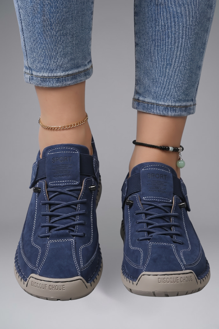Women's Leather Trainers with Elastic Side Panels and Shock-Absorbing EVA Sole