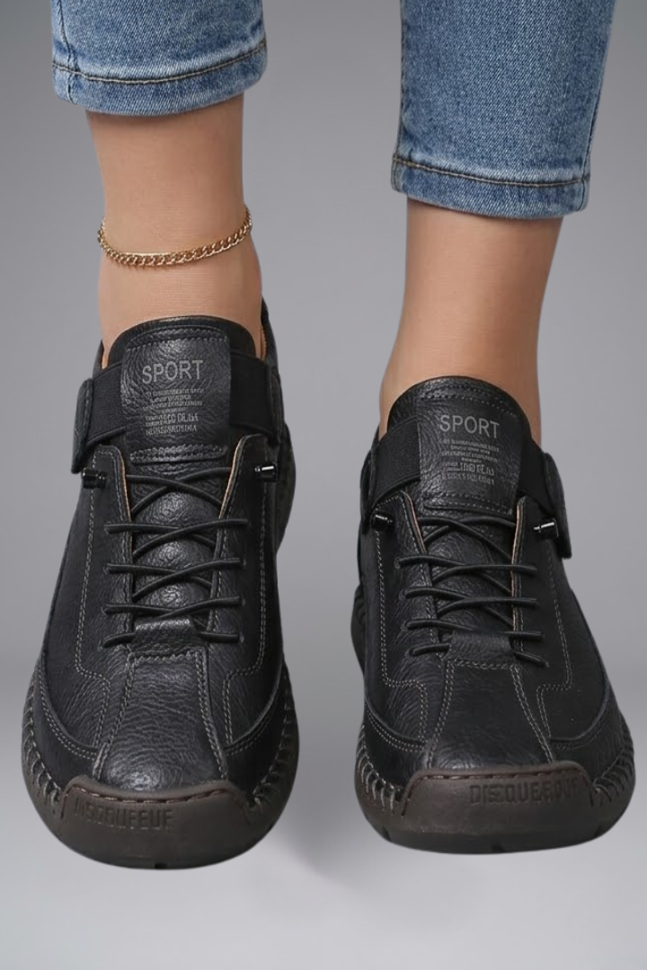Women's Breathable Leather Trainers with Elastic Side Panels and Shock-Absorbing EVA Sole