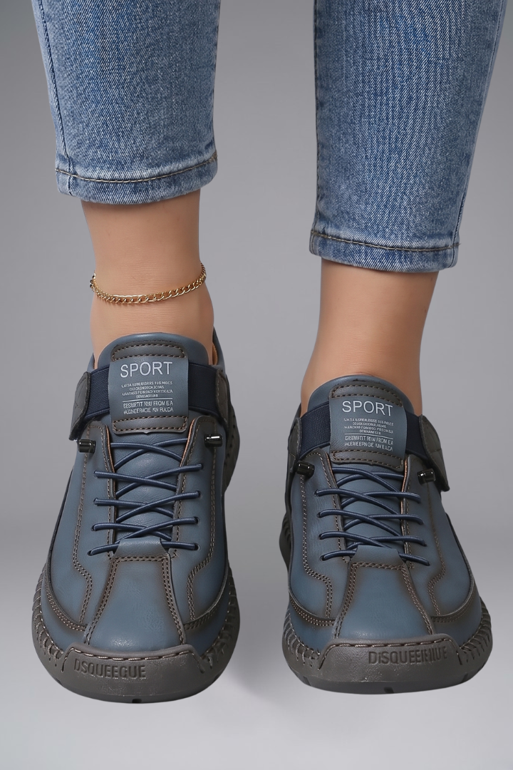 Women's Leather Trainers with Elastic Side Panels and Shock-Absorbing EVA Sole