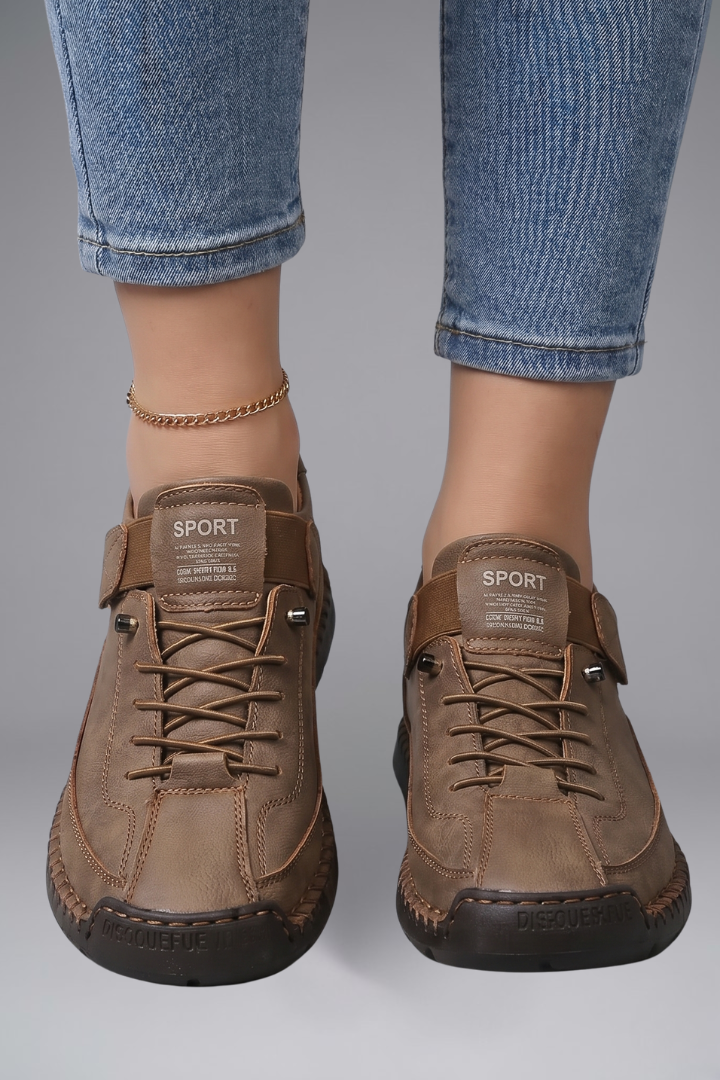 Women's Breathable Leather Trainers with Elastic Panels and Shock-Absorbing EVA Sole