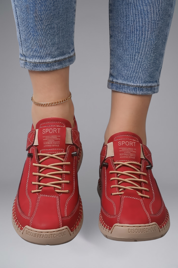 Women's Leather Trainers with Elastic Side Panels and Shock-Absorbing EVA Sole