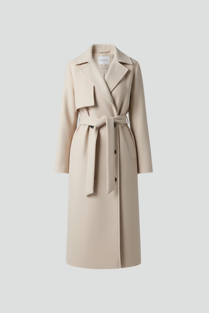 Double-Breasted Long Women's Coat with Belt for Everyday Wear