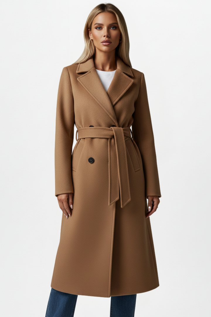 Double-Breasted Long Women's Coat with Belt for Everyday Wear