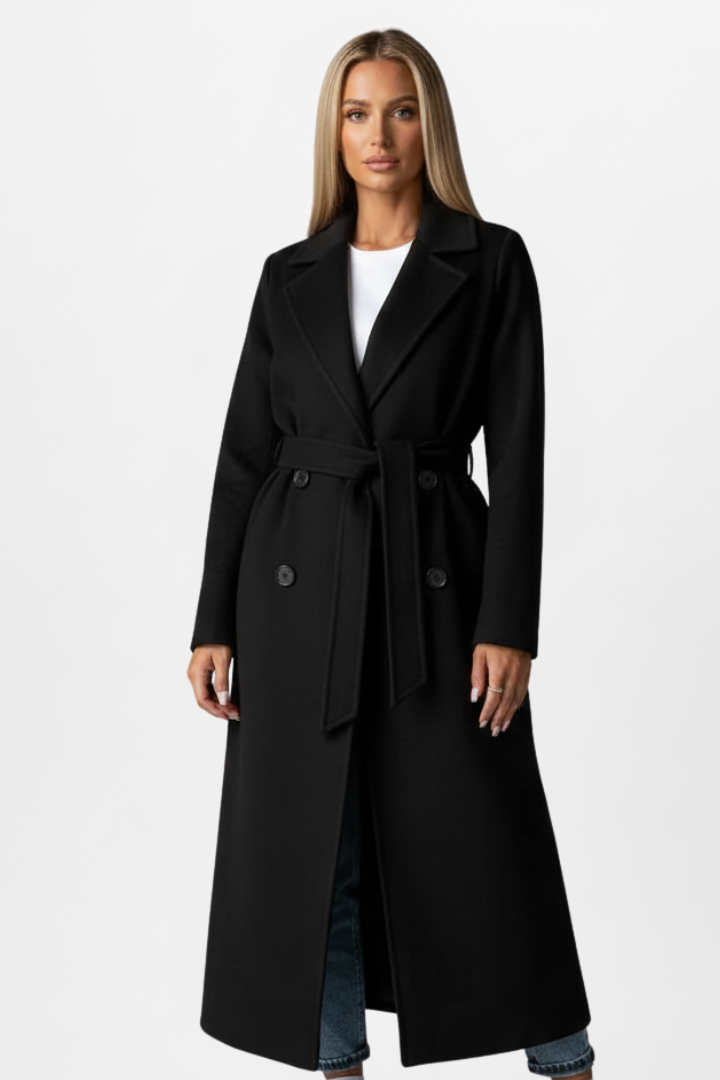 Double-Breasted Long Women's Coat with Belt for Everyday Wear