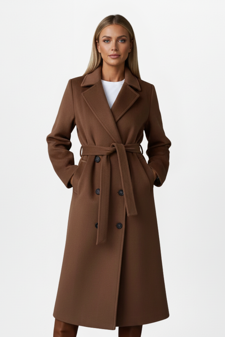 Double-Breasted Long Women's Coat with Belt for Everyday Wear