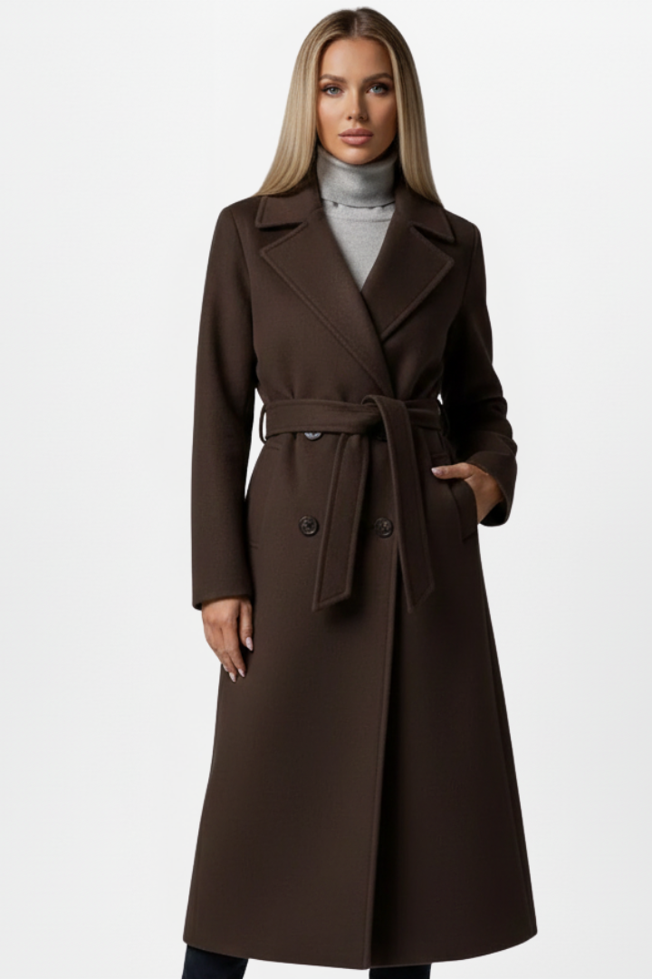 Double-Breasted Long Coat for Women with Belt