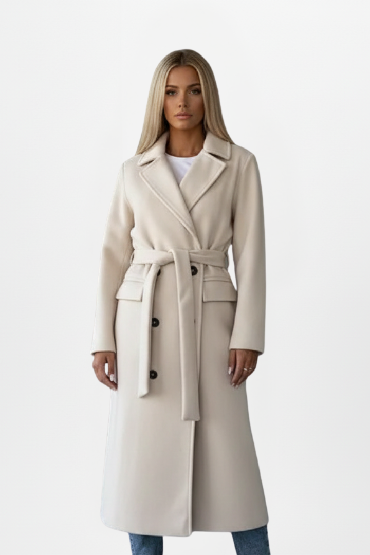 Double-Breasted Long Coat for Women with Belt