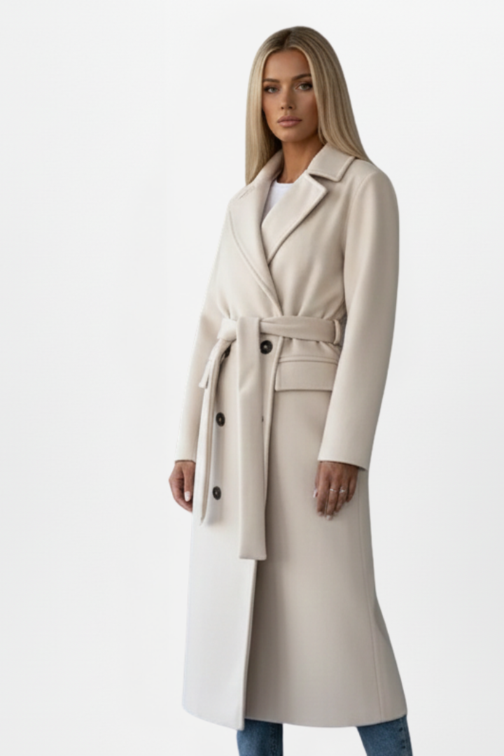 Double-Breasted Long Women's Coat with Belt for Everyday Wear