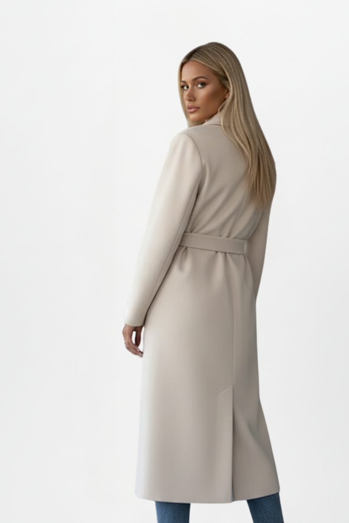 Double-Breasted Long Coat for Women with Belt