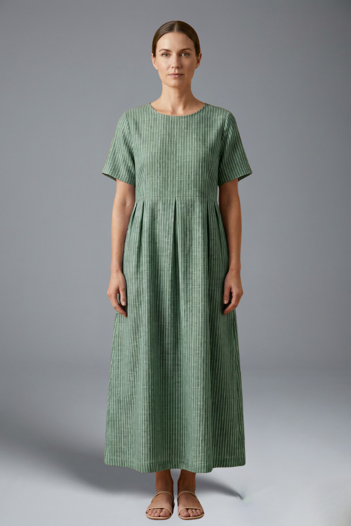 Pleated Waist Maxi Dress for Women with Side Pockets and Short Sleeves