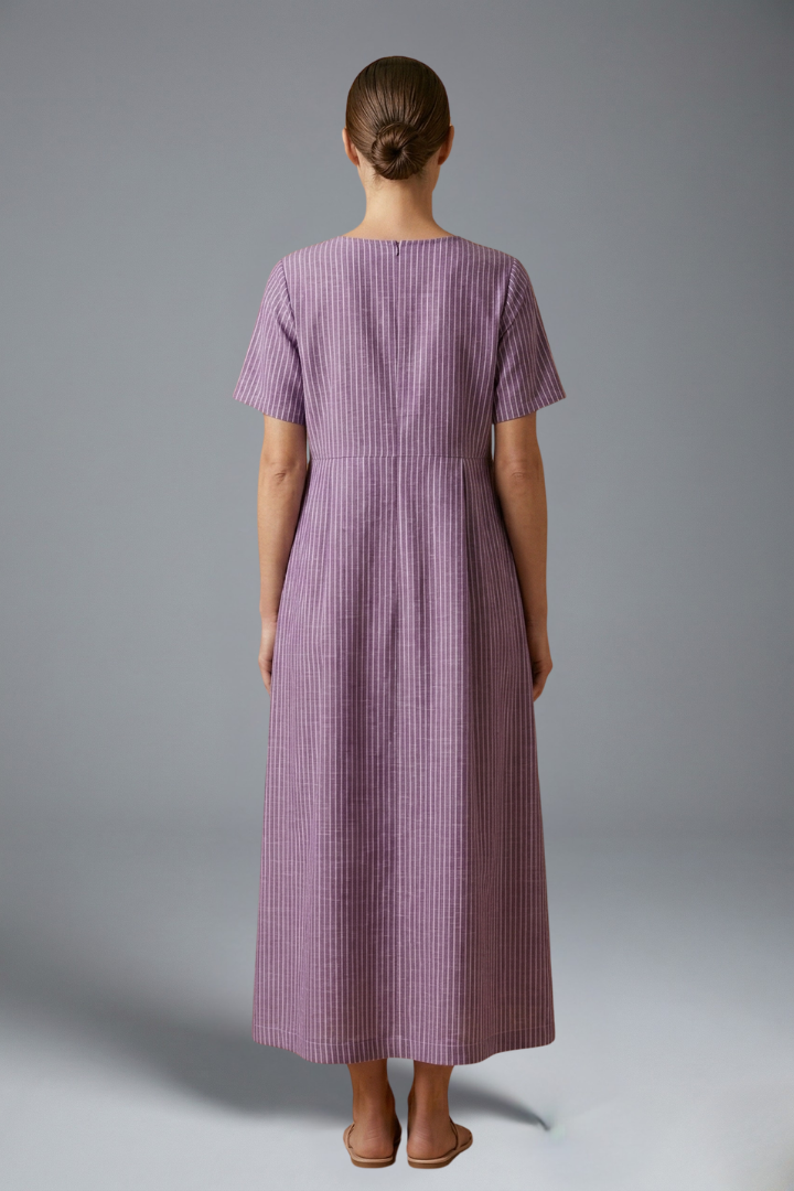 Pleated Waist Maxi Dress for Women with Side Pockets and Short Sleeves