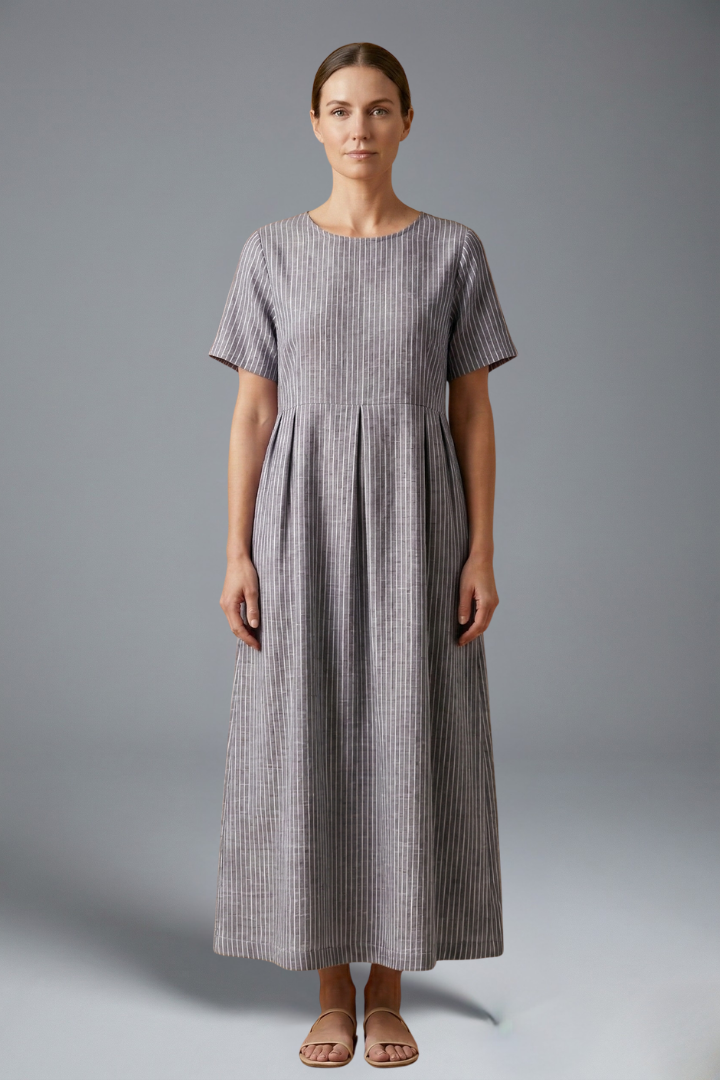 Pleated Waist Maxi Dress for Women with Side Pockets and Short Sleeves