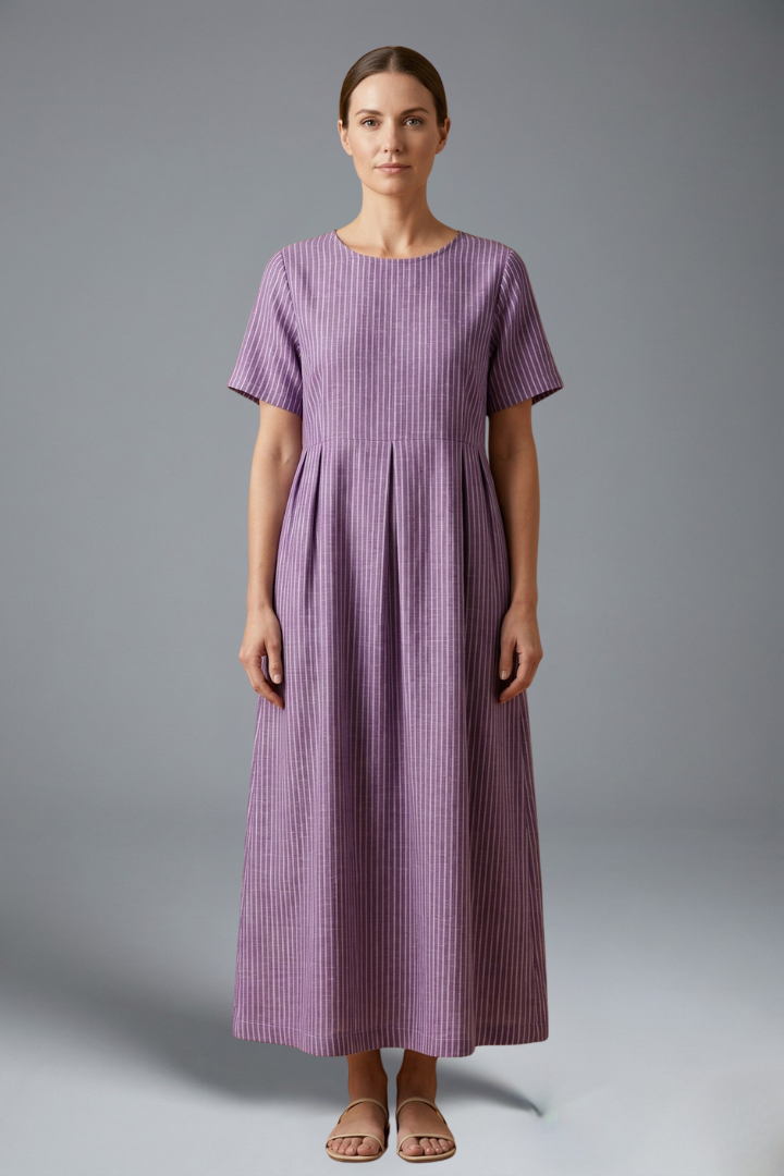 Pleated Waist Maxi Dress for Women with Side Pockets and Short Sleeves