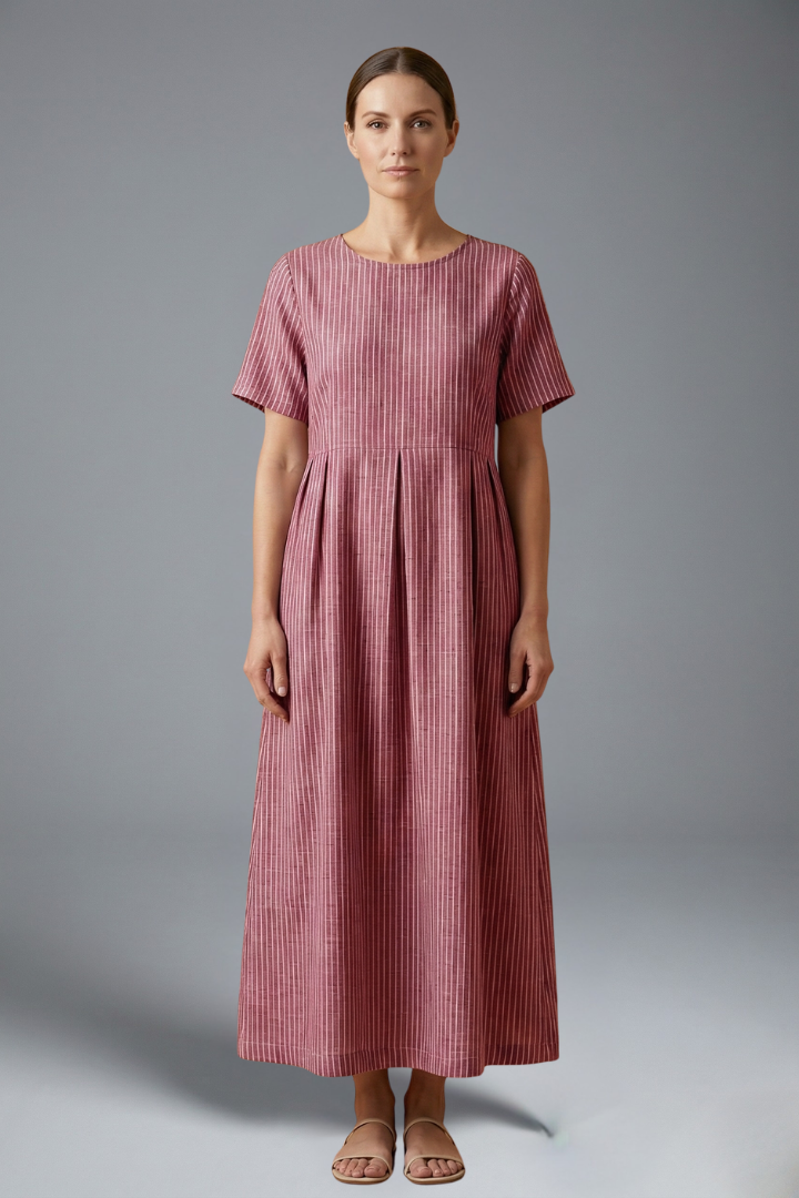 Pleated Waist Maxi Dress for Women with Side Pockets and Short Sleeves