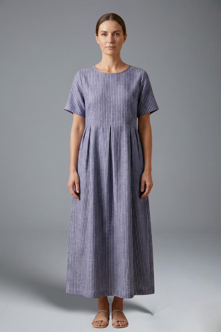 Pleated Waist Maxi Dress for Women with Side Pockets and Short Sleeves