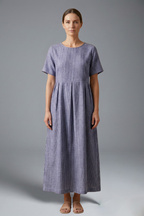 Pleated Waist Maxi Dress for Women with Side Pockets and Short Sleeves