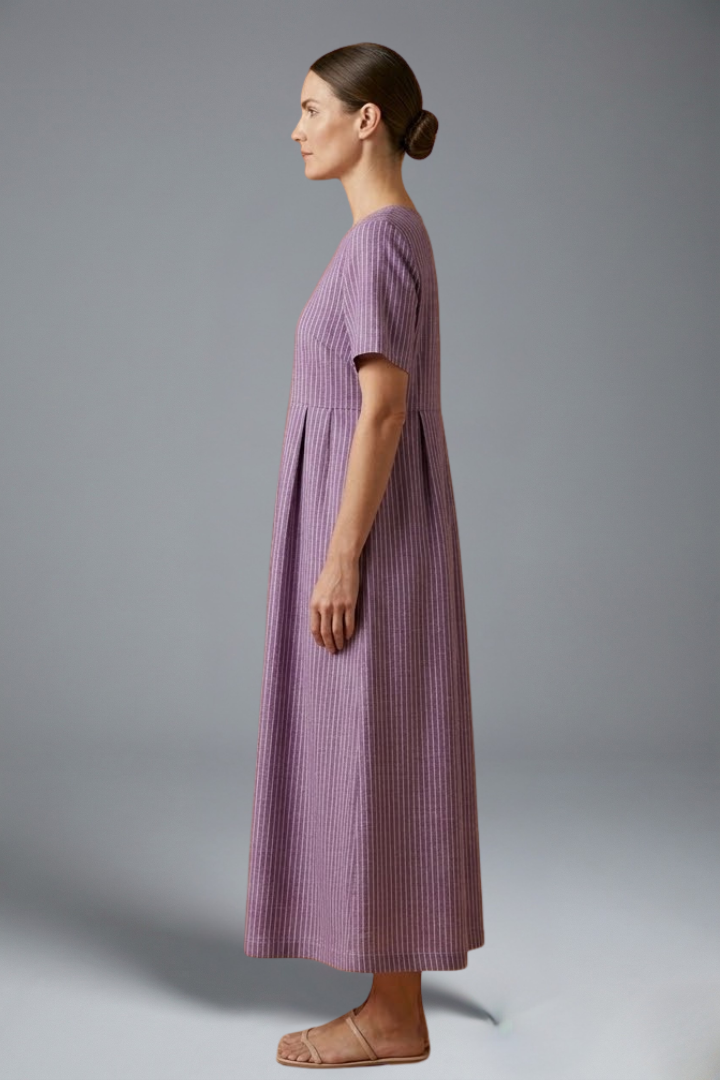 Pleated Waist Maxi Dress for Women with Side Pockets and Short Sleeves