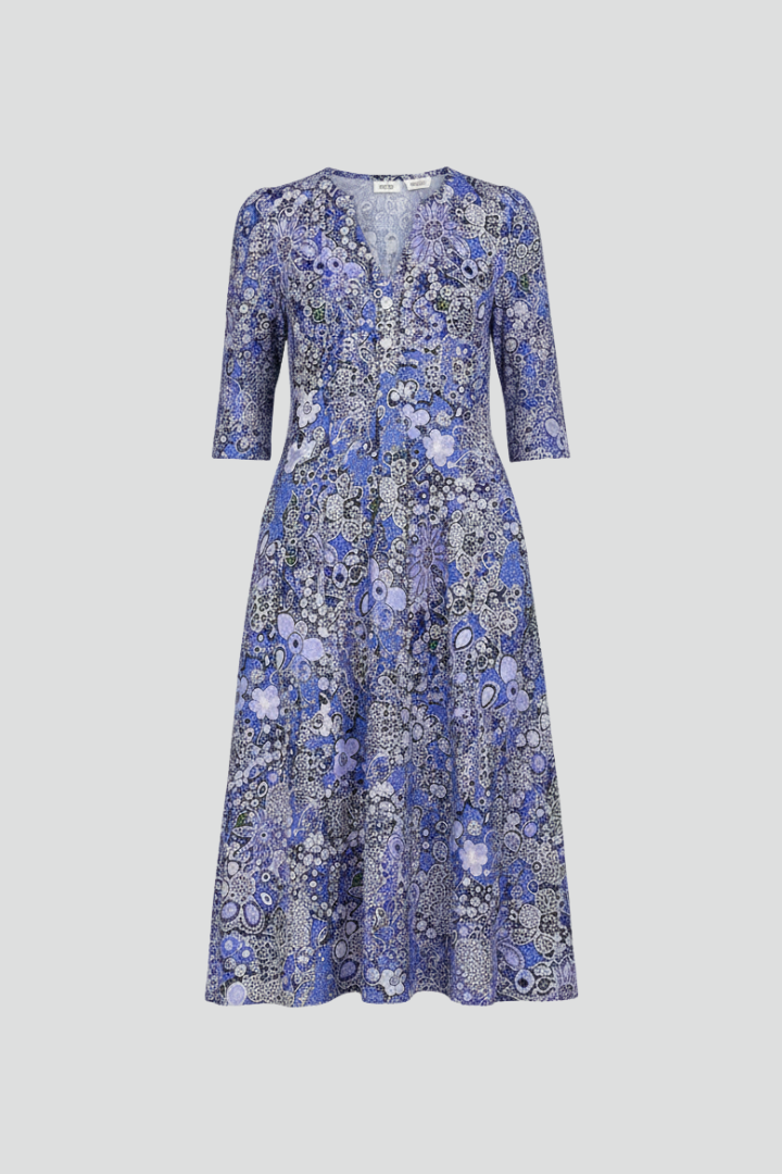 V-Neck Midi Dress with Three-Quarter Sleeves and All-Over Print