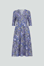 V-Neck Midi Dress with Three-Quarter Sleeves and All-Over Print